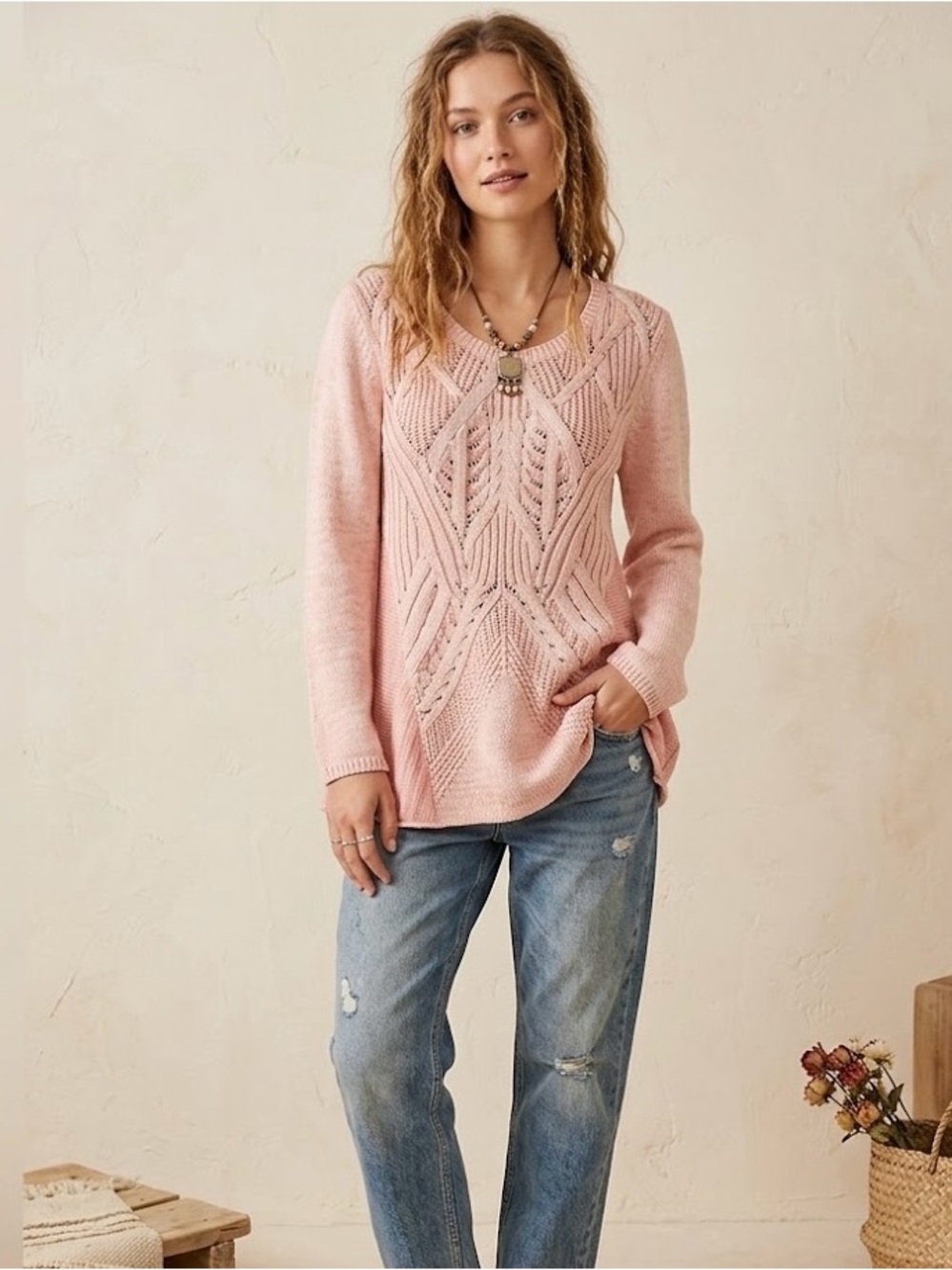 Style & Co. Romantic Crochet Cottagecore Pink Knit Sweater Top